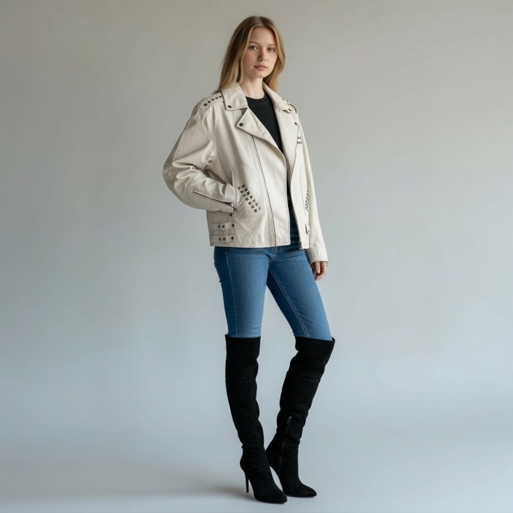 Vintage Oversized P.O.V. Womens Leather Moto Jacket Off White Pockets Size Large